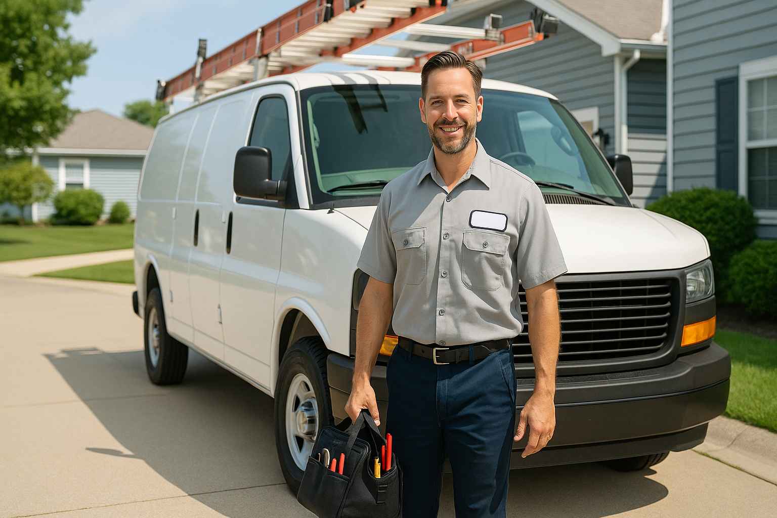 Technician beside service vehicle